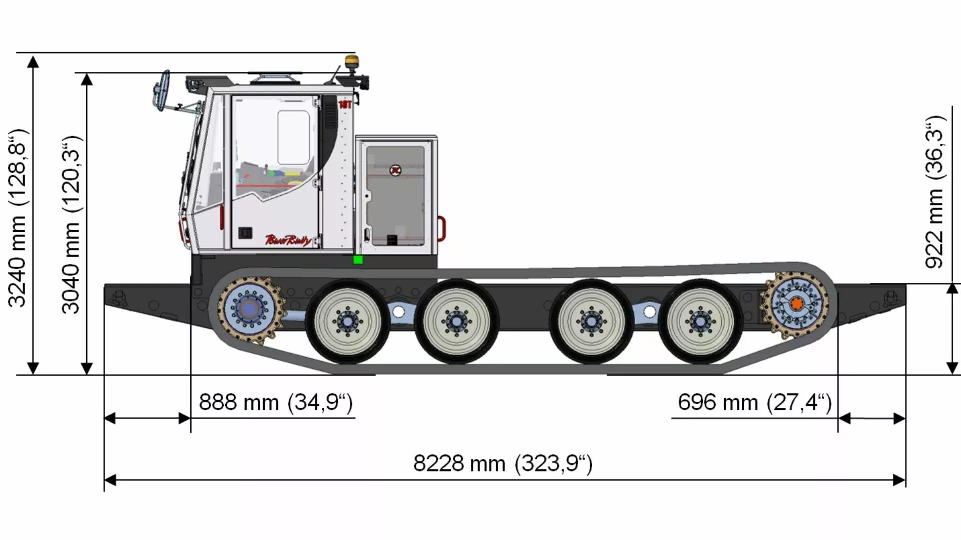 PowerBully 18T Technische Zeichnung mit Abmessungen: Front