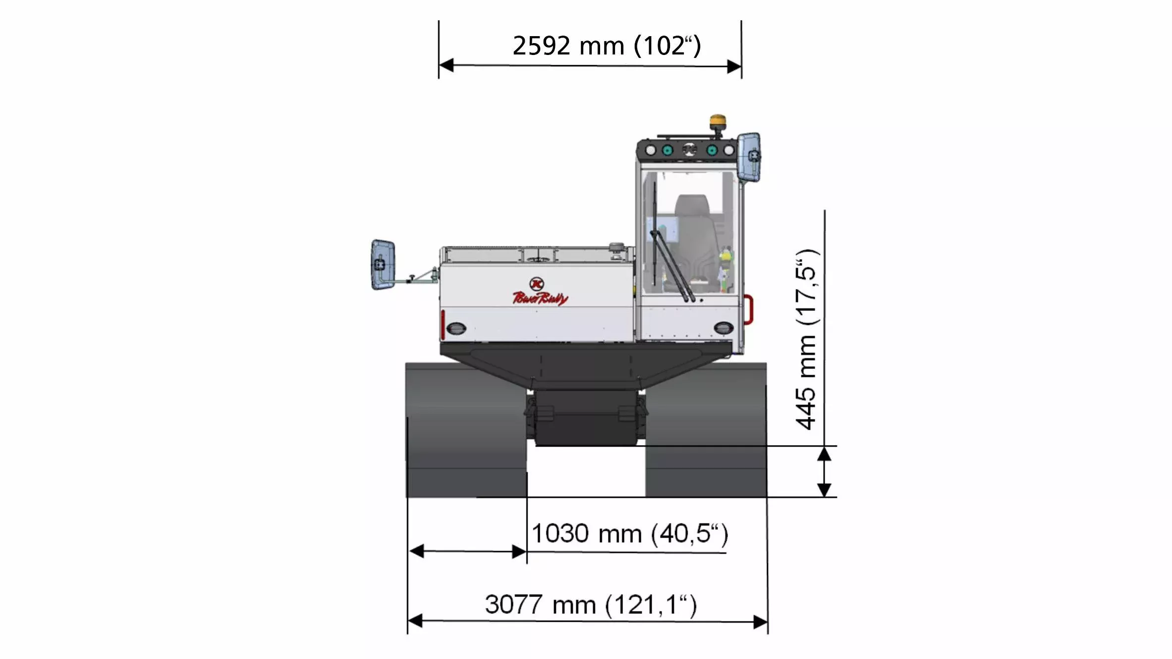 PowerBully 18T Technische Zeichnung mit Abmessungen: Front